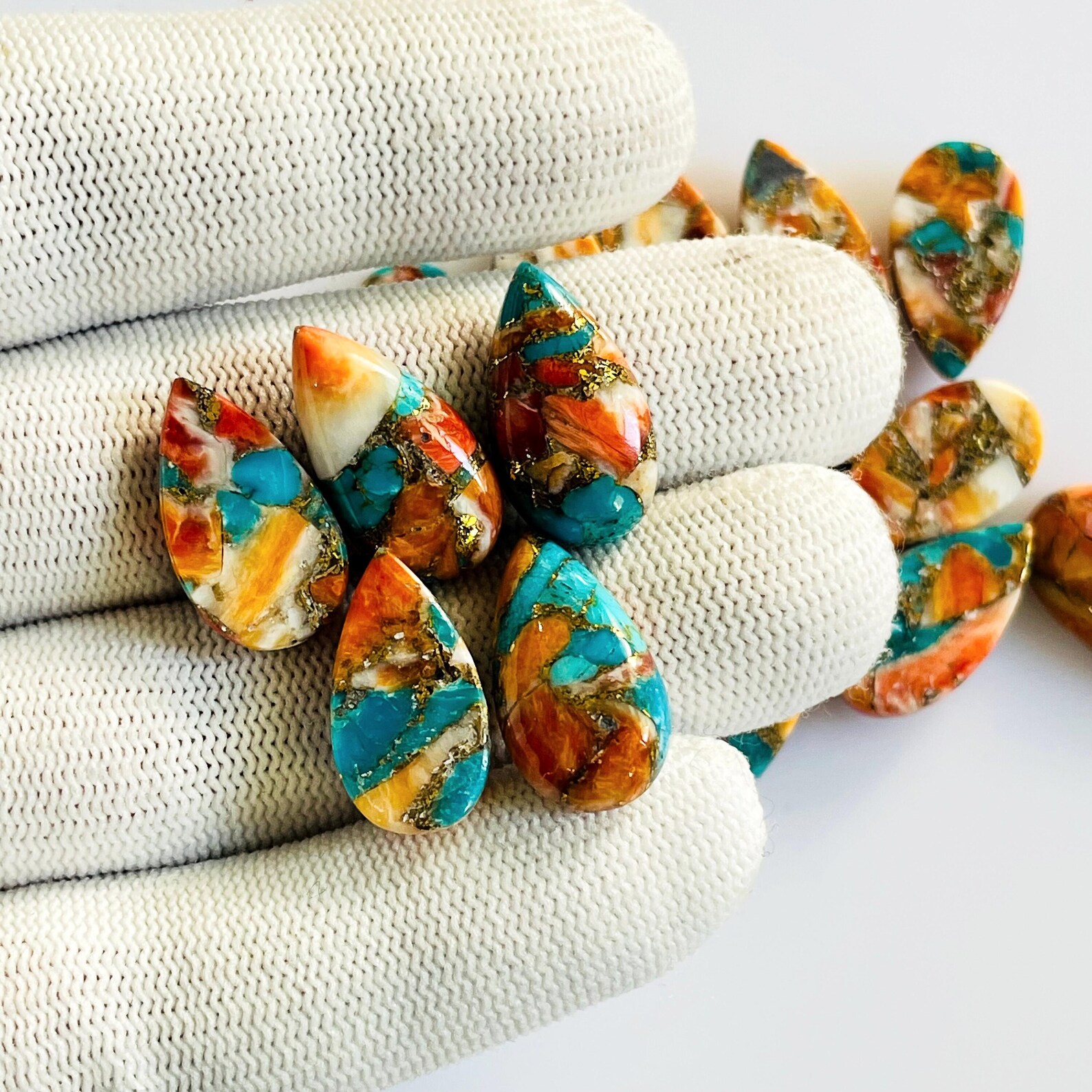 Copper Turquoise Pear Cabochons Matched Pair Gemstone I Oyster Jasper Long Pear earring Set