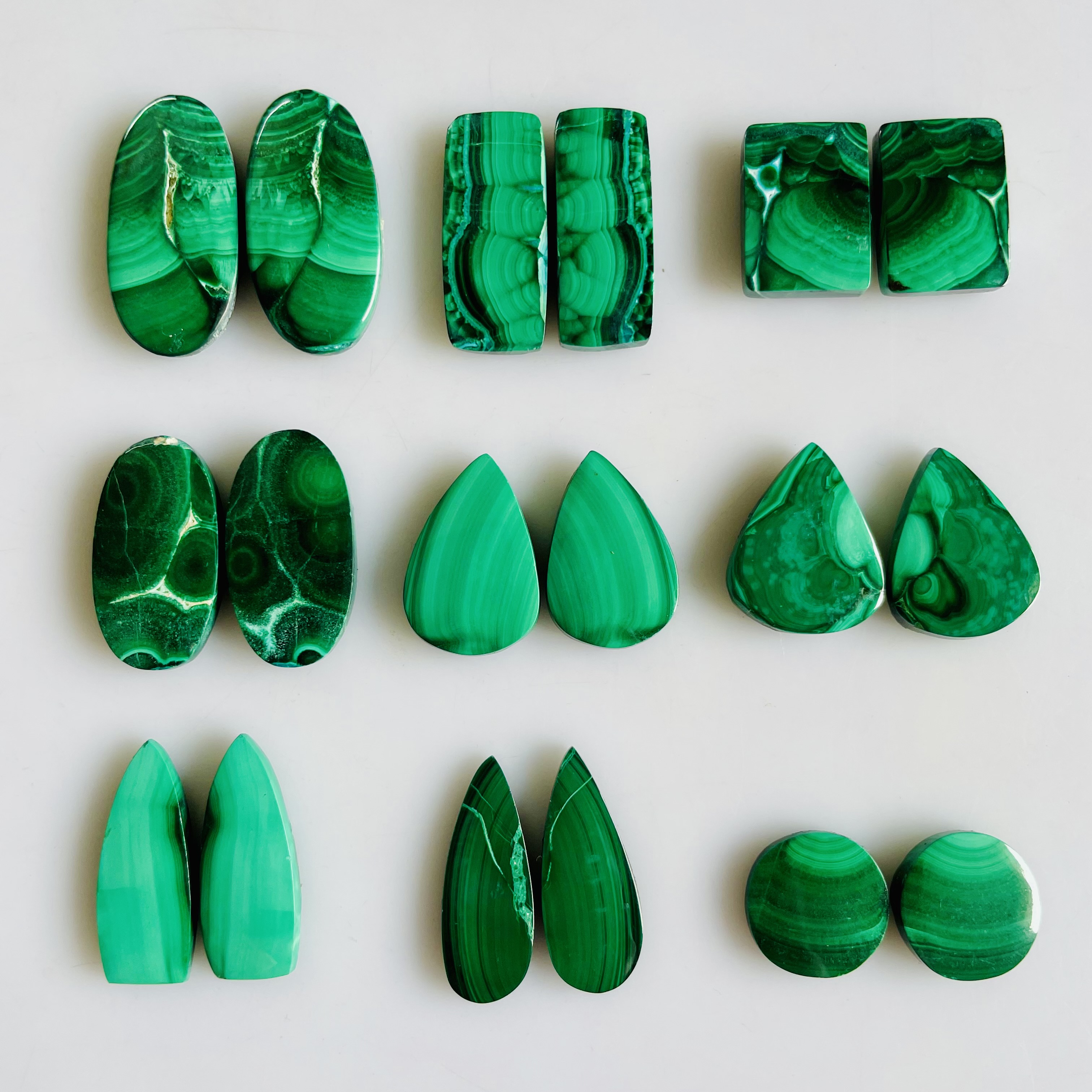 Natural Malachite Pair Cabochons, Vibrant Green Bullseye Pattern Malachite Matching Pair for Earrings, Custom Jewelry, Wire Wrapping & Silversmithing