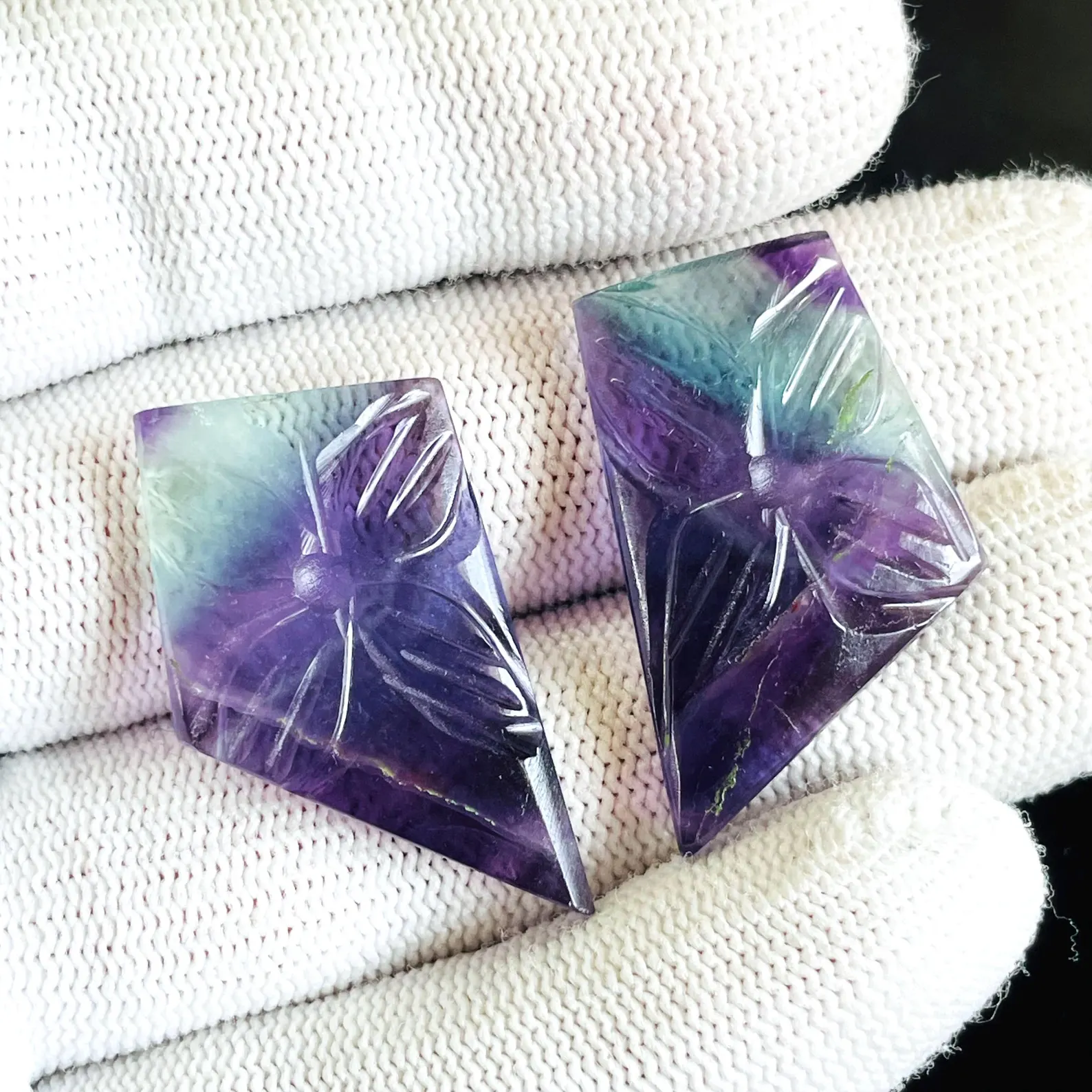 Fluorite Cabochon Pair â€“ Hand Carved Natural Gemstone for Jewelry Making, Square 22x35 mm