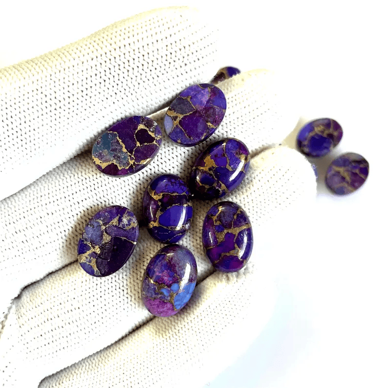 Mohave Copper Turquoise Cabochon Pair: Purple Oyster Gemstone (10x14, 9x13 MM)