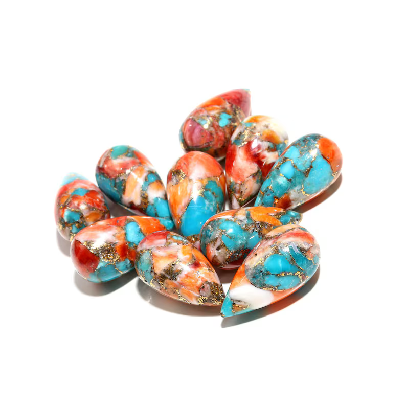 Copper Turquoise Spiny Oyster Drops Cabochon Pair