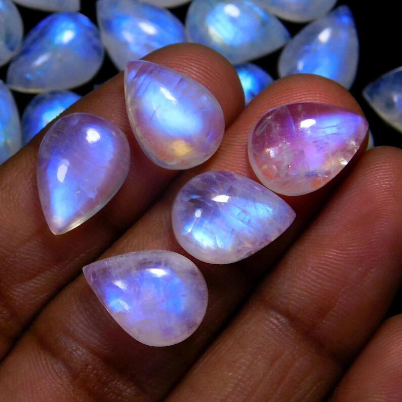 Natural Rainbow Moonstone Pear Cabochon